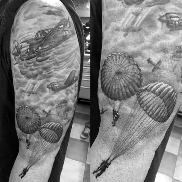 Male Shaded Black And Grey Shaded Arm Parachute Tattoo Ideas