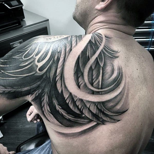 Male Shaded Unique Back Wing Tattoo With Negative Space Design