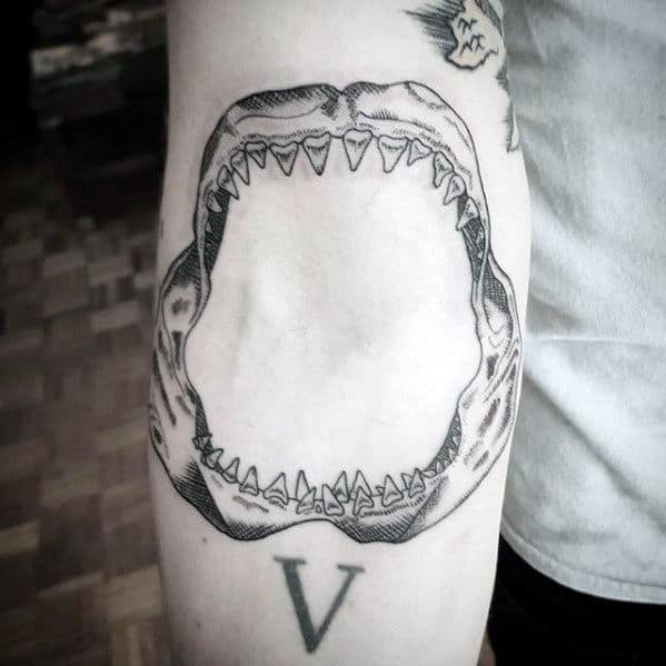 Male Shark Jaw Tattoo With Detailed Design On Inner Forearms