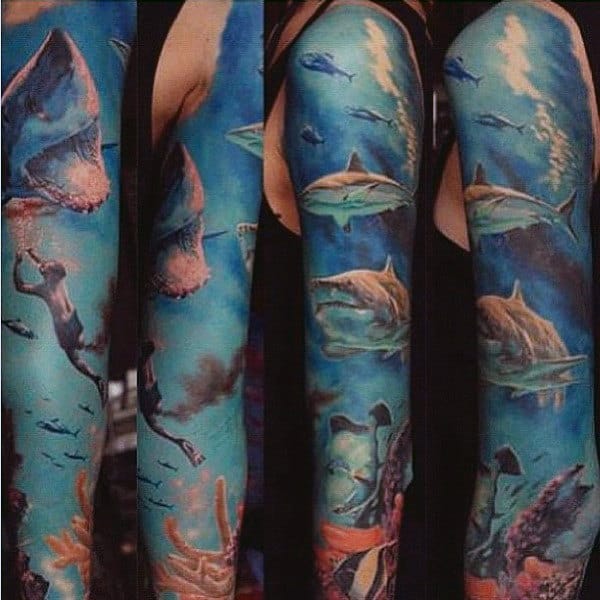 Male Shark Jaws Tattoo Sleeve
