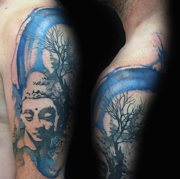 Male Shoulder Calm Buddha Watercolor Tattoo