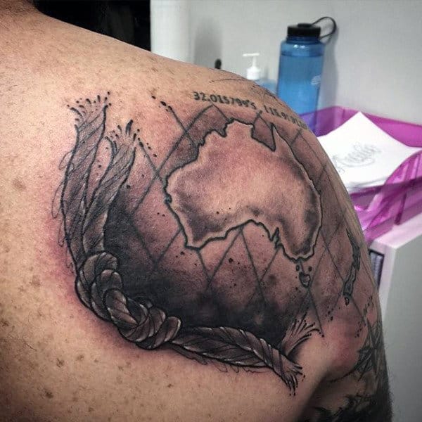 Male Shoulders Asutralia Map And Rope Tattoo