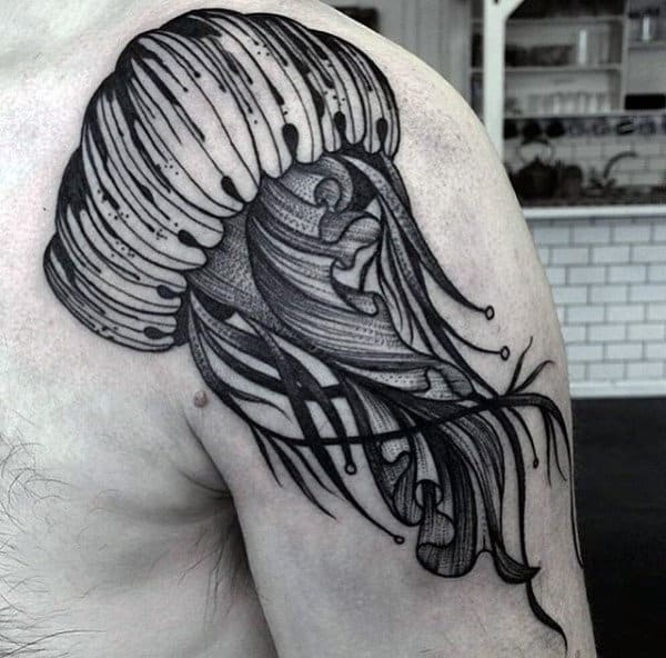 Male Shoulders Black And White Jellyfish Tattoo