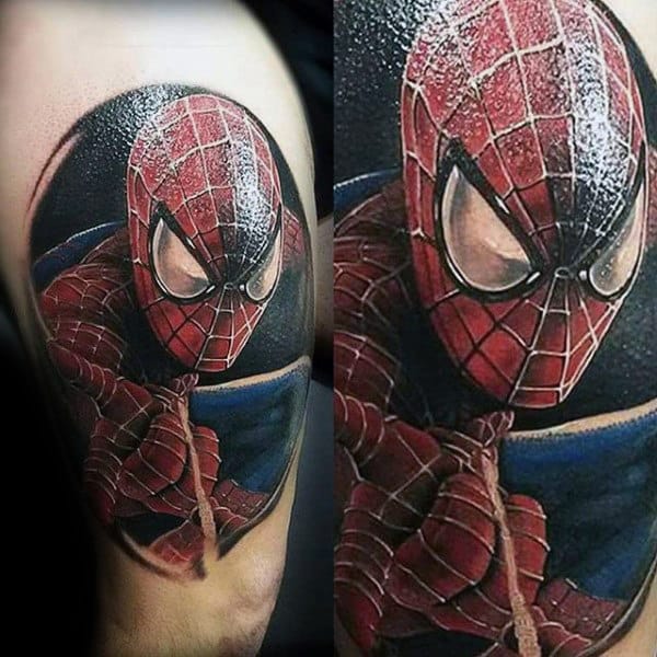 Male Shoulders Shiny Spiderman Tattoo