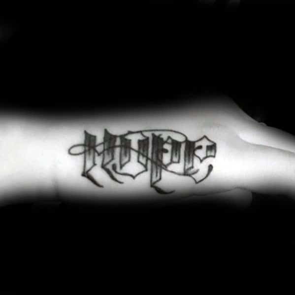 Side hand tattoo for men featuring the word HOPE in bold, gothic-style blackletter font inked along the outer hand.