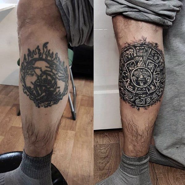 Male Side Of Leg Cover Up 3d Mayan Calender Tattoo Design Inspiration