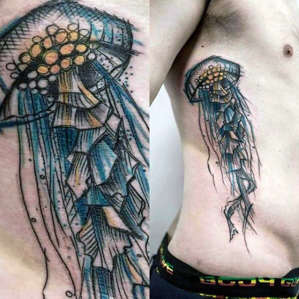 Male Side Ribs Jellyfish Tattoo