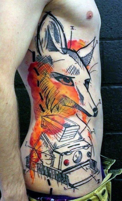 Male Side Ribs Modern Art Fox Tattoo