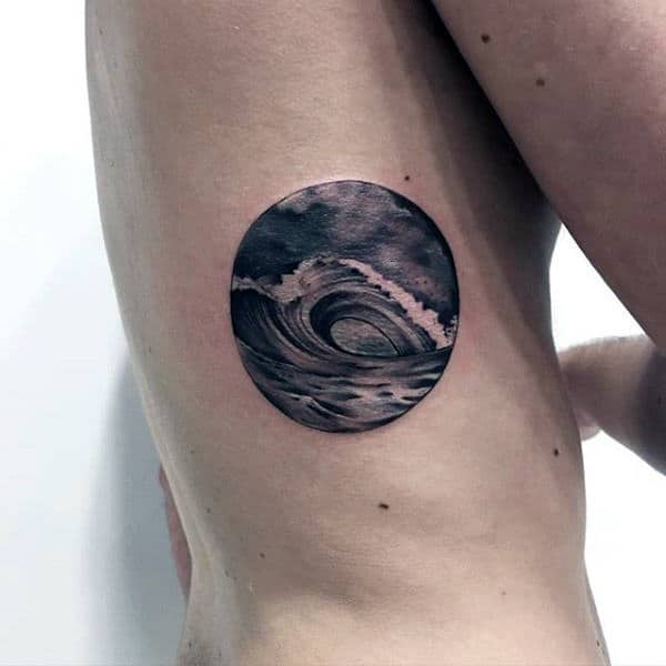 Male Side Ribs Surf Wave Tattoo