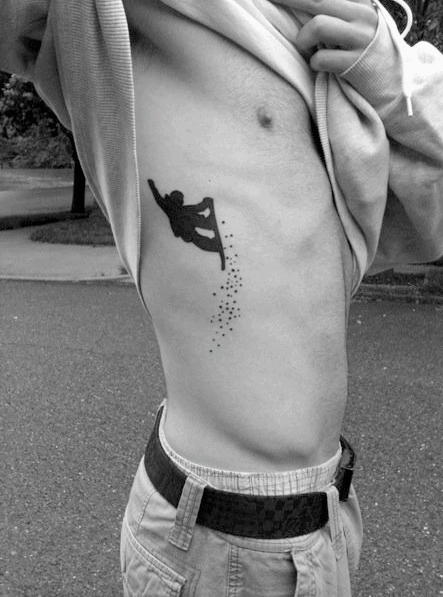Male Side Ribs Tiny Black Snowboarding Man Tattoo
