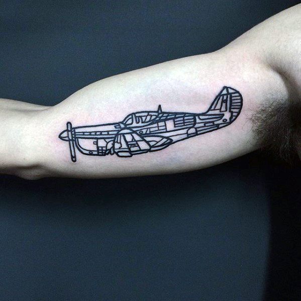 Male Simple Arm Flying Outline Plane Tattoo Designs