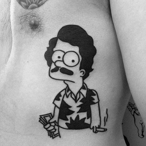 Black and white tattoo of a Simpsons character reimagined as a mafia boss, holding cash and a cigarette with a serious expression.