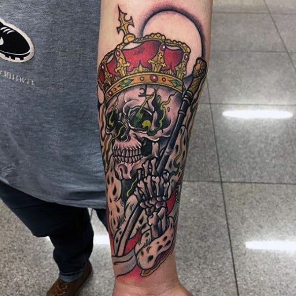 Male Skeleton And Red Crown Tattoo Forearms
