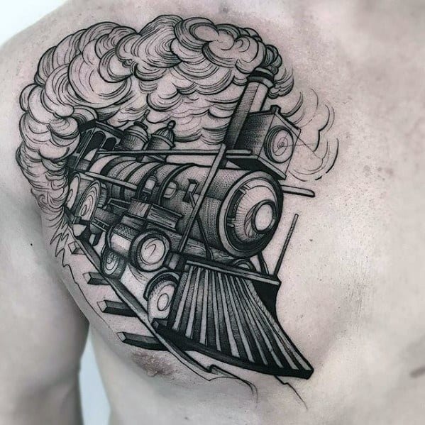 Male Sketch Train Tattoo Ideas On Chest