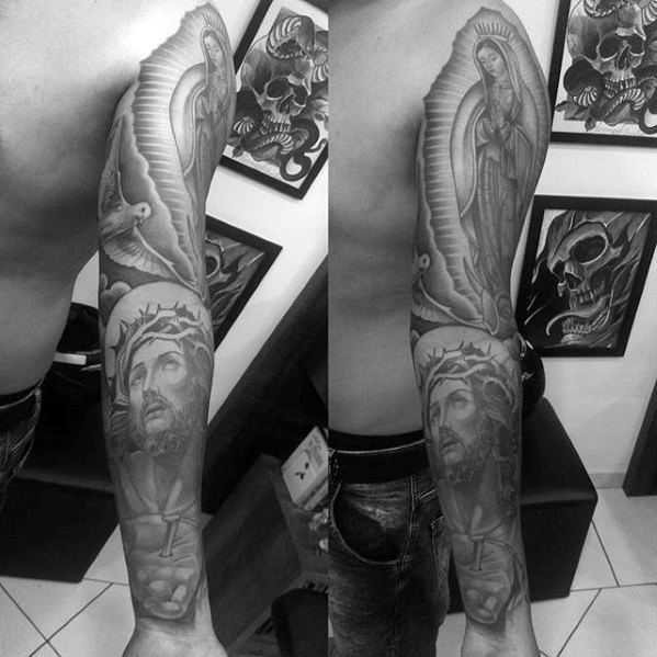 Male Sleeve Tattoo With Guadalupe Design