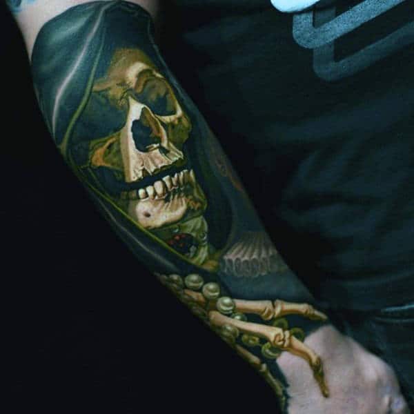 Male Sleeves Realistic Skull With Pearls Tattoo