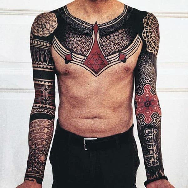 Male Sleeves Red And Black Sick Design Tattoo