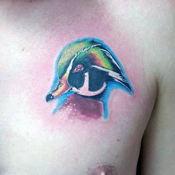 Male Small Upper Chest Wood Duck Tattoo Design Inspiration