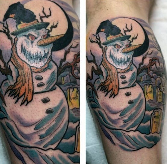 Haunting snowman tattoo with a sinister grin, tattered scarf, eerie graveyard background, and a crescent moon, blending horror and winter themes.