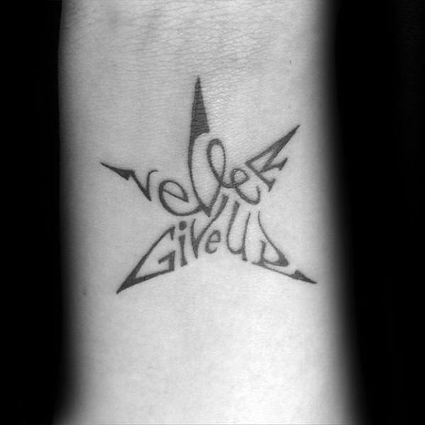 Male Star Typography Never Give Up Tattoo