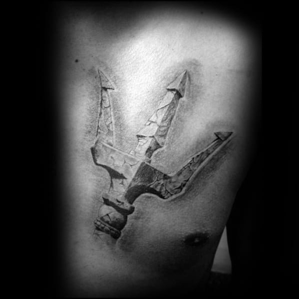 Male Stone 3d Upper Chest Trident Tattoo Ideas