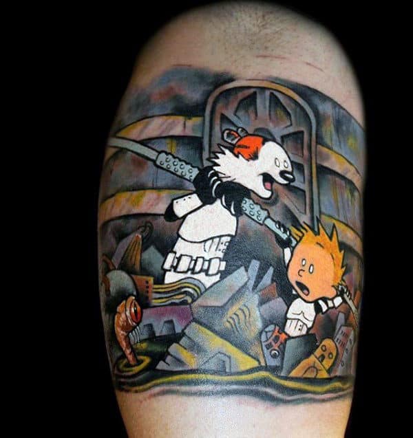 Male Stormtrooper Themed Calvin And Hobbes Arm Tattoo