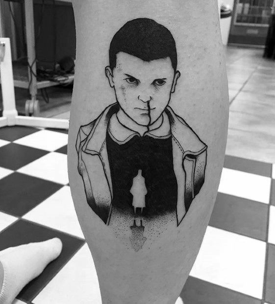 Minimalist blackwork tattoo of Eleven with a nosebleed, featuring a silhouette of her standing above her Upside Down reflection.