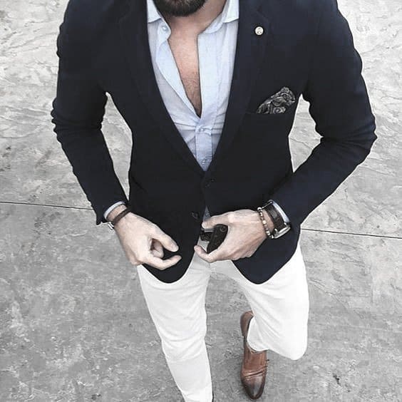 Male Style Ideas What To Wear With White Jeans Properly Navy Blazer Dress Shirt With No Tie