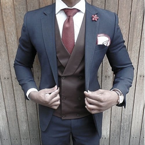 Male Style Navy Blue Suits Red Tie With Brown Vest