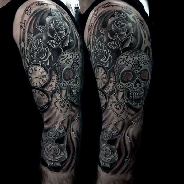 Black and grey sleeve tattoo featuring skulls, roses, clocks, and intricate designs