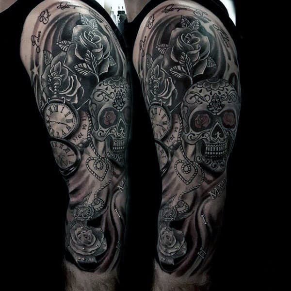 Male Sugar Skull Tattoo Full Arm Sleeve Design