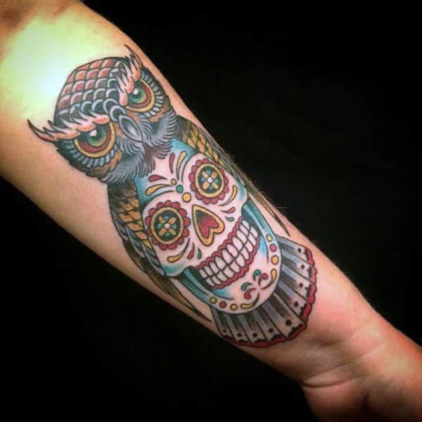 Male Sugar Skull Tattoo On Inner Forearm With Old School Owl