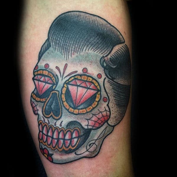 Male Sugar Skull Tattoos Old School Design With Diamond Eyes