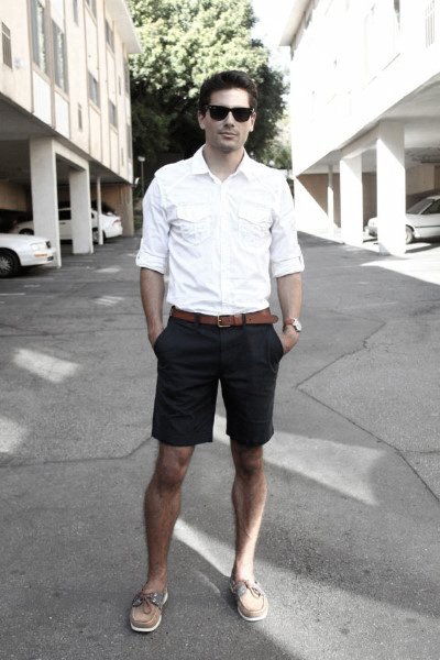 Male Summer Outfits Styles White Dress Shirt Navy Shorts