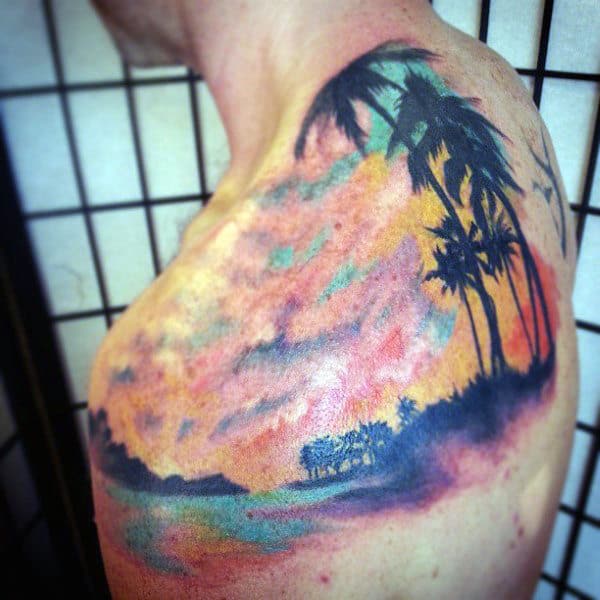 Male Sunset Tattoo Of Tropical Beach On Back