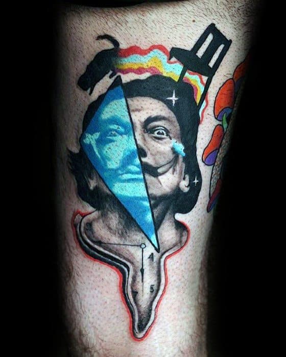 Surreal tattoo inspired by Salvador Dalí featuring a melting clock base, split portrait with blue geometric overlay, and floating chair elements.