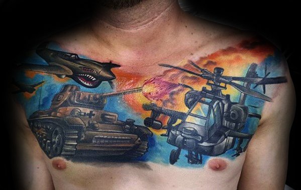 Vibrant chest tattoo with a tank, warplane, and attack helicopter in battle, set against a fiery sky and explosive background.
