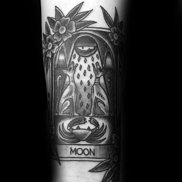 Male Tarot Moon Card Old School Traditional Forearm Tattoo