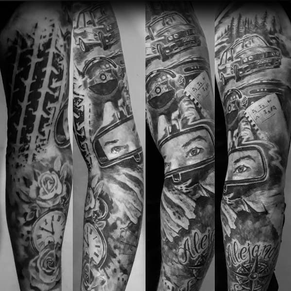 Full-sleeve BMW tattoo featuring a rally driver, E30 drifting, tire tracks, and clock elements for a bold motorsport-inspired design.