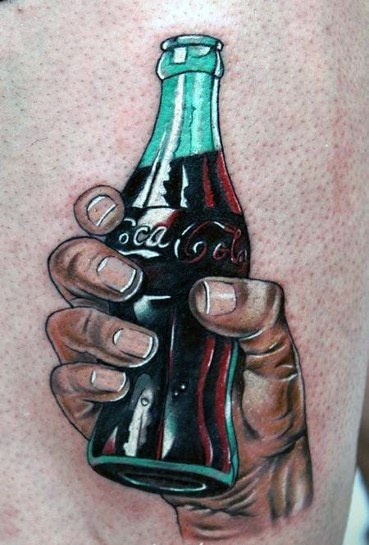 Realistic Coca-Cola bottle tattoo featuring a detailed hand holding the bottle, with bold shading and highlights for a lifelike 3D effect.