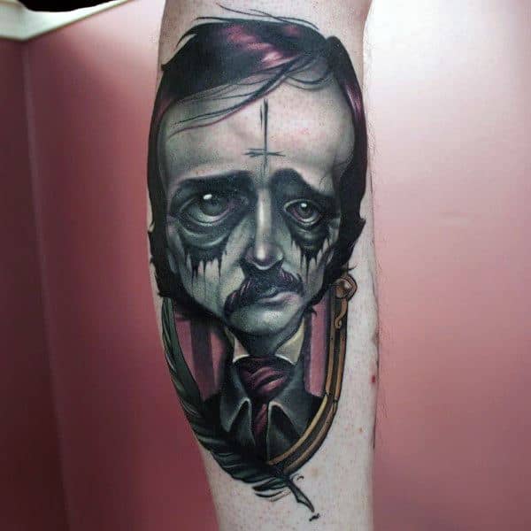Neo-traditional Edgar Allan Poe tattoo with exaggerated features, smeared dark eyes, and a vintage frame, blending surreal and gothic tones.