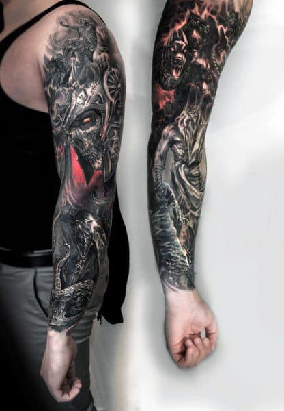 Dark fantasy sleeve tattoo featuring demonic faces, eerie figures, and glowing red accents for a dramatic gothic horror effect.