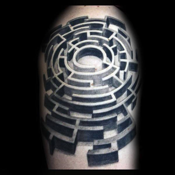 Realistic 3D labyrinth tattoo on a man's arm, featuring a circular maze with deep shading and perspective, creating an illusion of depth.