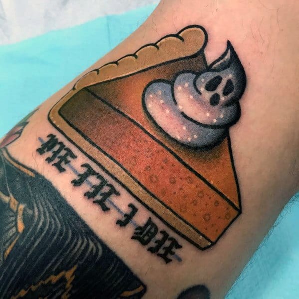 Pumpkin pie tattoo with ghost-shaped whipped cream and the phrase “Pie Til I Die,” blending spooky and nostalgic dessert themes