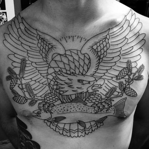 Bold linework chest tattoo featuring an eagle with outstretched wings clutching a salmon, surrounded by pine branches for a powerful nature-inspired design.