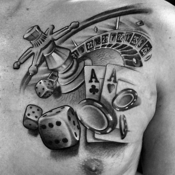 Male Tattoo On Upper Chest With Poker Chip Design