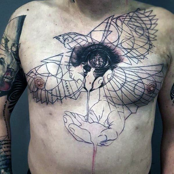Male Tattoo With Abstract Eye Hands And Falling Sand Geometric Chest Design