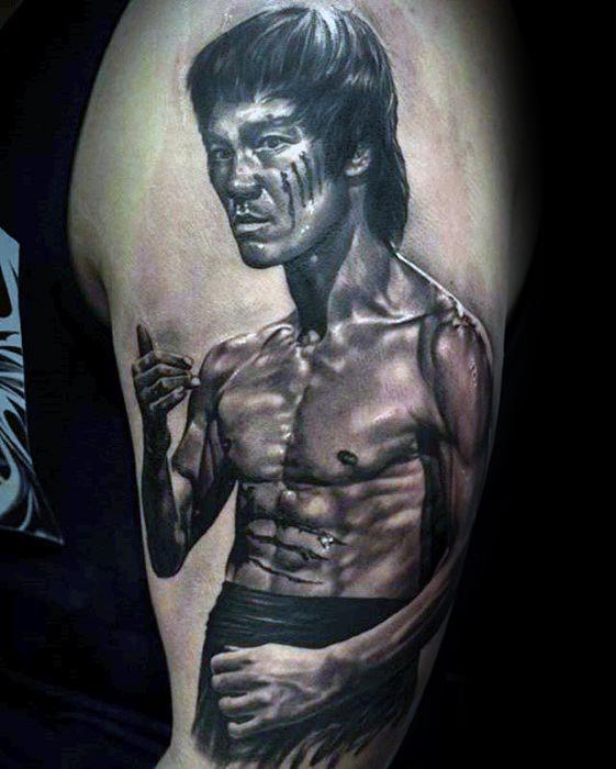 Male Tattoo With Arm Bruce Lee Design
