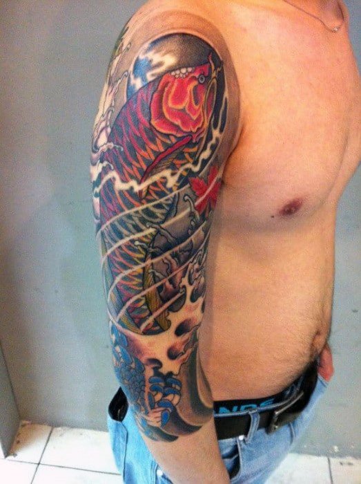Male Tattoo With Arowana Design Half Sleeve
