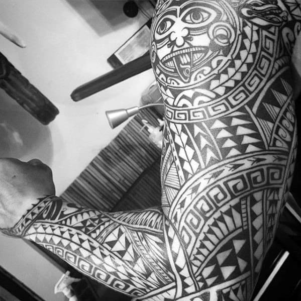 Male Tattoo With Awesome Tribal Hawaiian Design Full Arm Sleeve